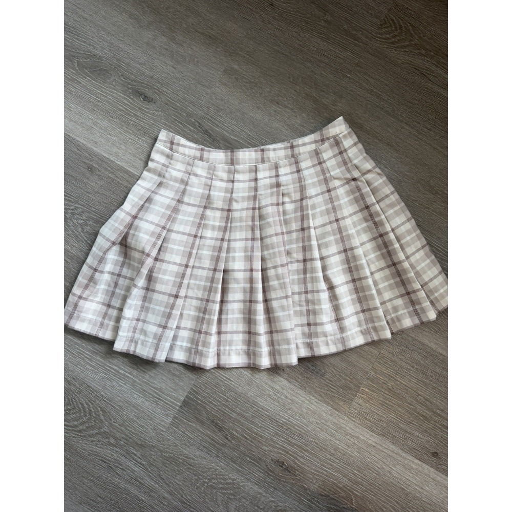 Selfie Mini Skirt Beige Plaid Pleated Uniform Tennis Skirt M